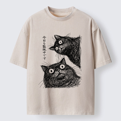 Tokyo-Tiger Two Line Cats Are Watching You Washed T-Shirt