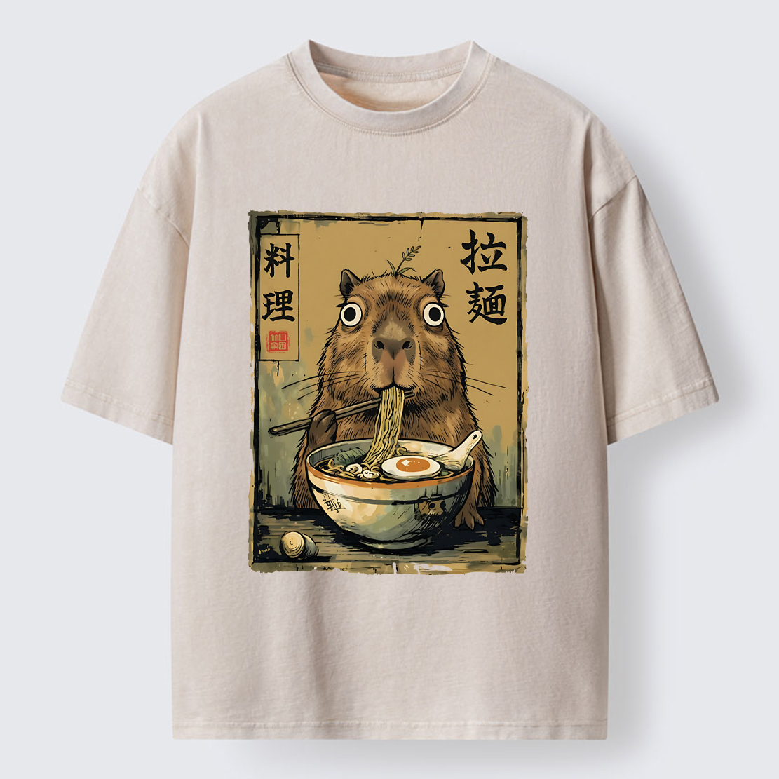 Tokyo-Tiger Cute Capybara Eating Ramen Washed T-Shirt
