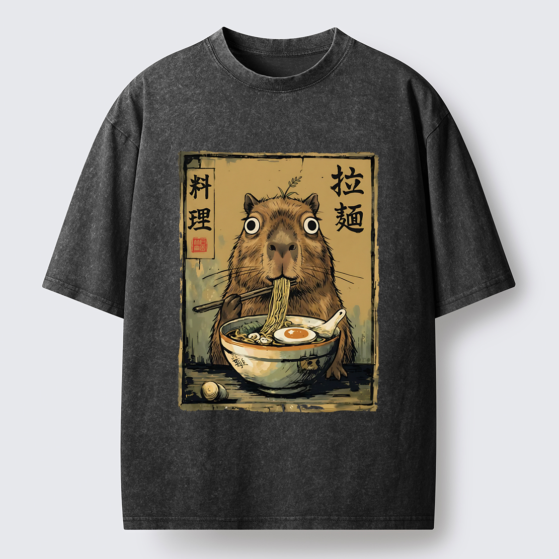 Tokyo-Tiger Cute Capybara Eating Ramen Washed T-Shirt