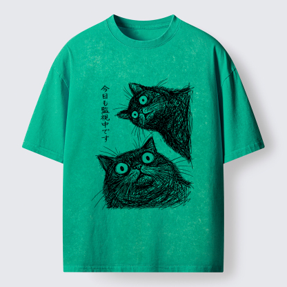 Tokyo-Tiger Two Line Cats Are Watching You Washed T-Shirt