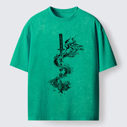 Tokyo-Tiger Funny Kanji:Sword Of Living Meaning Washed T-Shirt