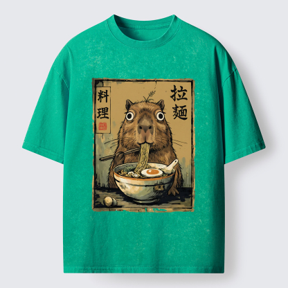 Tokyo-Tiger Cute Capybara Eating Ramen Washed T-Shirt