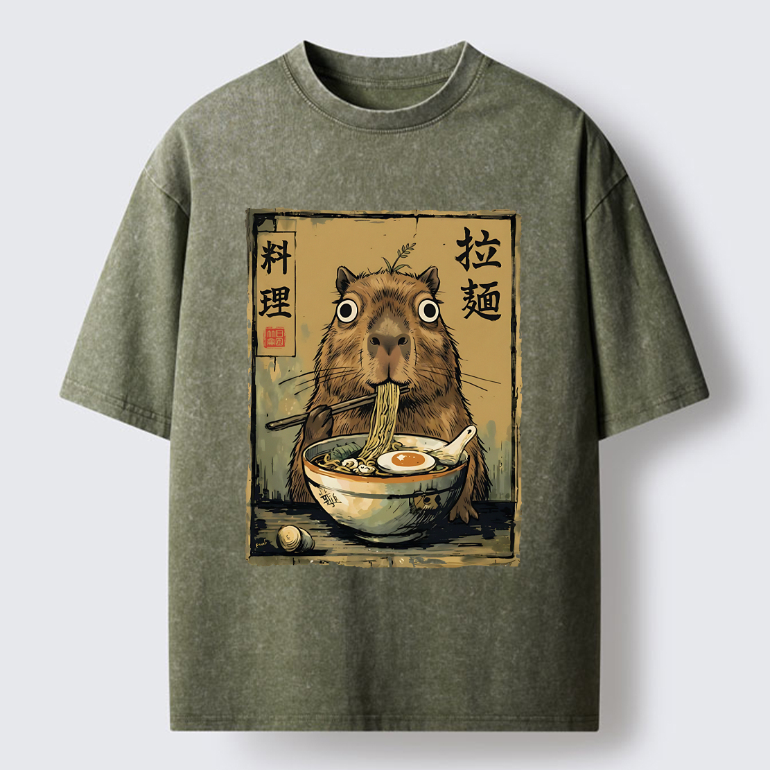 Tokyo-Tiger Cute Capybara Eating Ramen Washed T-Shirt