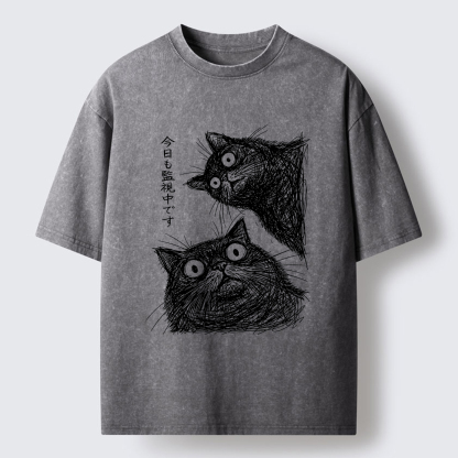 Tokyo-Tiger Two Line Cats Are Watching You Washed T-Shirt
