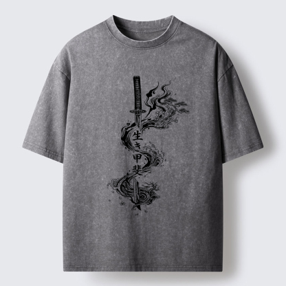 Tokyo-Tiger Funny Kanji:Sword Of Living Meaning Washed T-Shirt