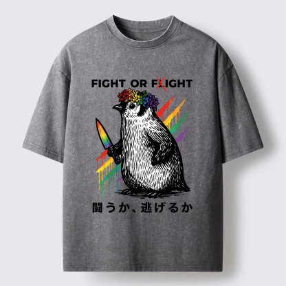 Tokyo-Tiger Funny Pride Month Penguin:Fight Or Flight Washed T-Shirt