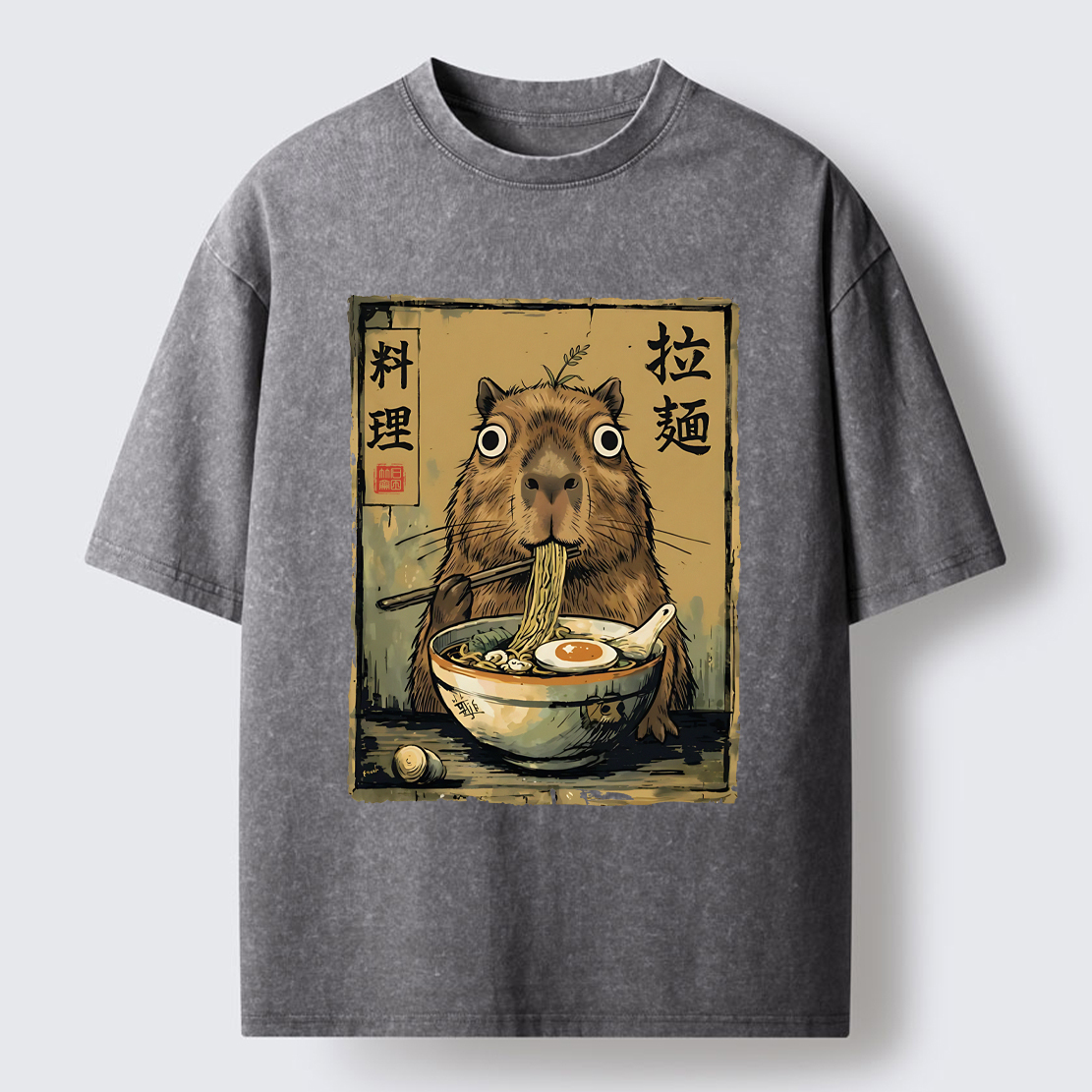 Tokyo-Tiger Cute Capybara Eating Ramen Washed T-Shirt