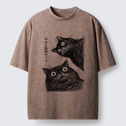 Tokyo-Tiger Two Line Cats Are Watching You Washed T-Shirt
