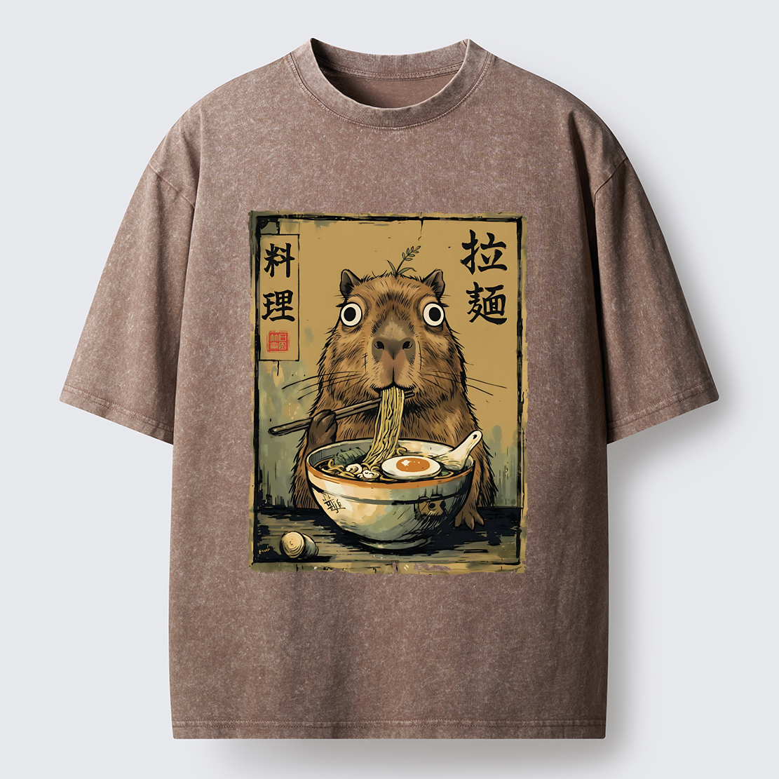 Tokyo-Tiger Cute Capybara Eating Ramen Washed T-Shirt