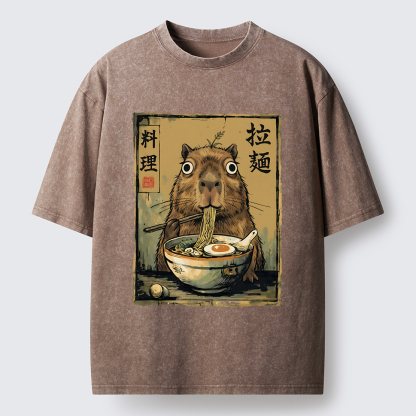 Tokyo-Tiger Cute Capybara Eating Ramen Washed T-Shirt