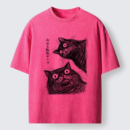 Tokyo-Tiger Two Line Cats Are Watching You Washed T-Shirt