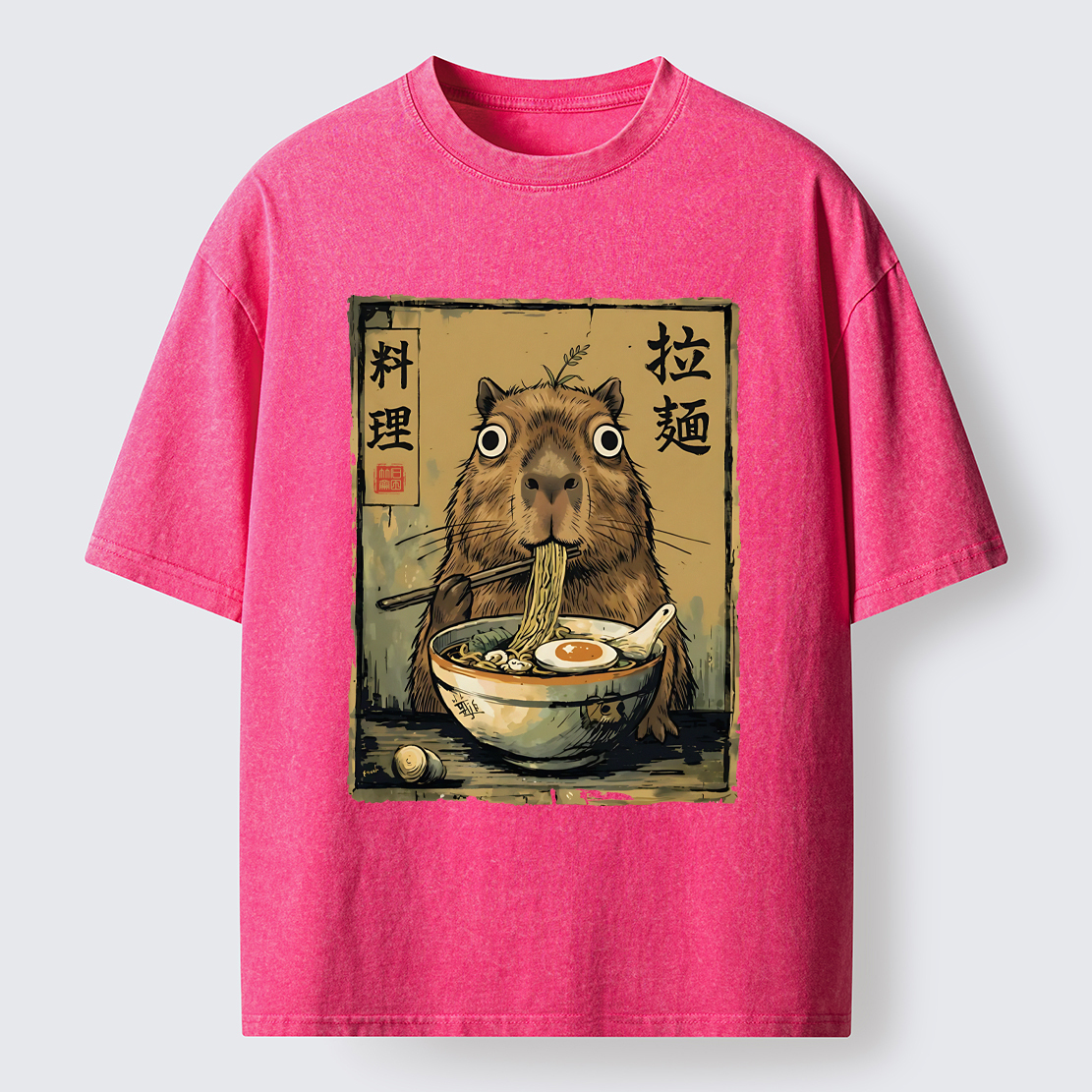 Tokyo-Tiger Cute Capybara Eating Ramen Washed T-Shirt
