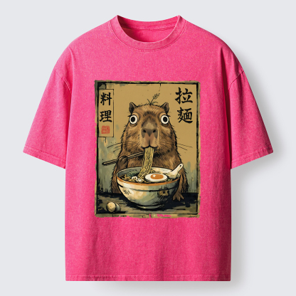 Tokyo-Tiger Cute Capybara Eating Ramen Washed T-Shirt