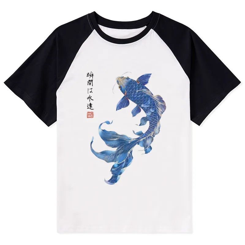Tokyo-Tiger Lucky Blue Koi Fish Art Raglan T-shirt