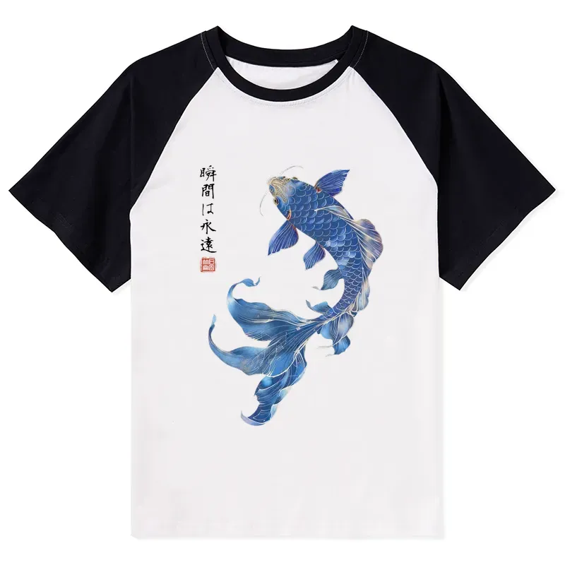 Tokyo-Tiger Lucky Blue Koi Fish Art Raglan T-shirt