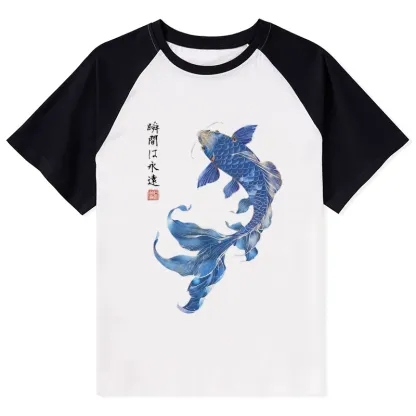 Tokyo-Tiger Lucky Blue Koi Fish Art Raglan T-shirt
