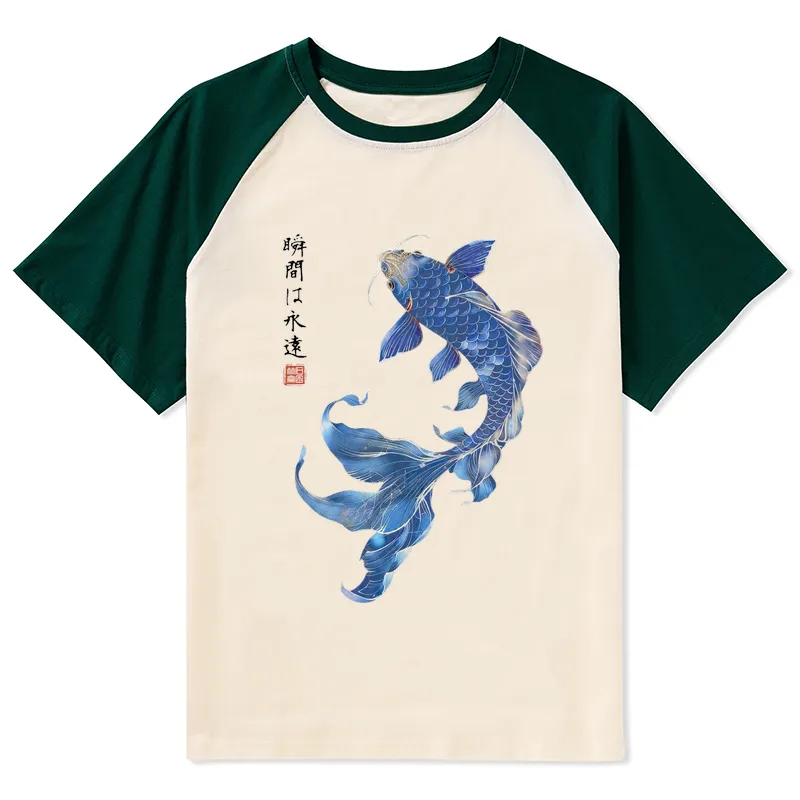 Tokyo-Tiger Lucky Blue Koi Fish Art Raglan T-shirt