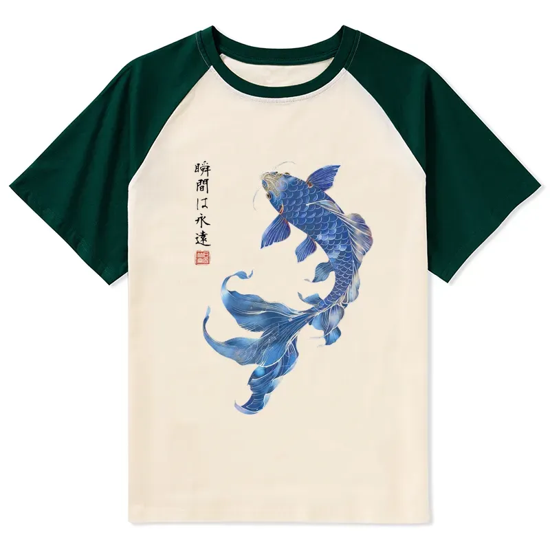 Tokyo-Tiger Lucky Blue Koi Fish Art Raglan T-shirt Sale