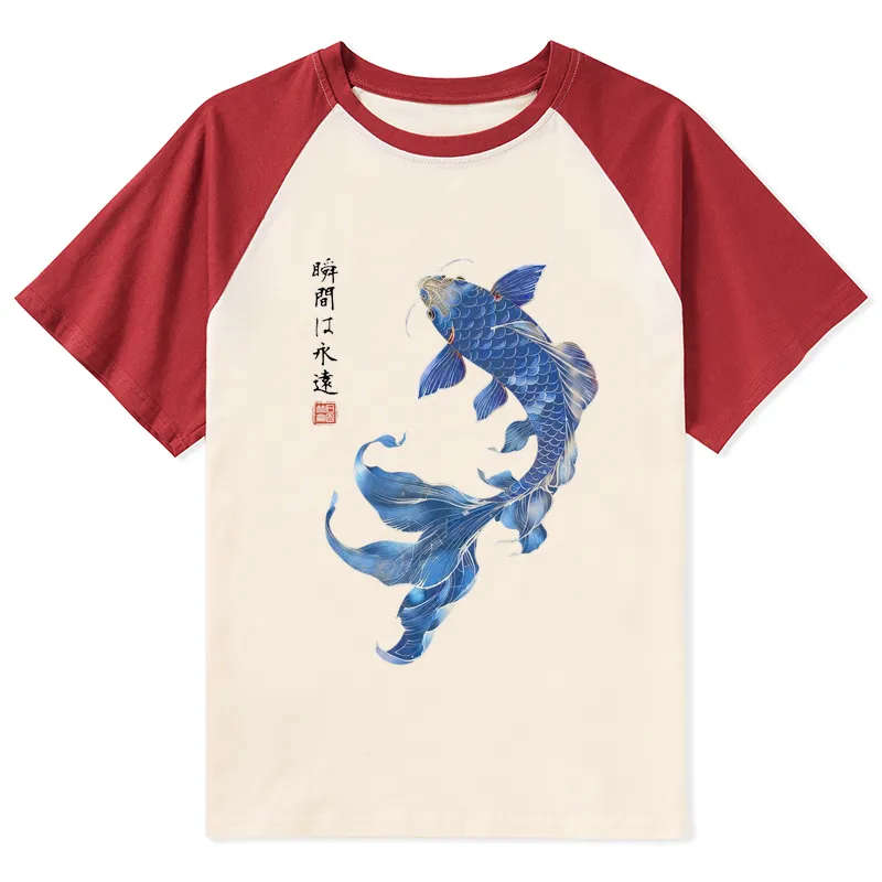 Tokyo-Tiger Lucky Blue Koi Fish Art Raglan T-shirt