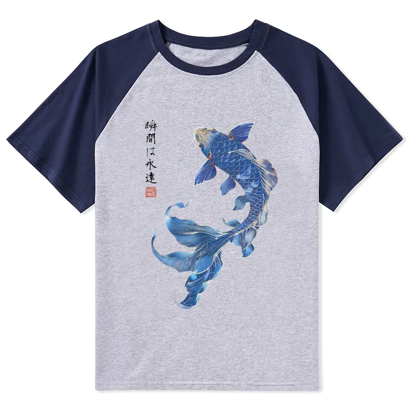 Tokyo-Tiger Lucky Blue Koi Fish Art Raglan T-shirt