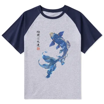 Tokyo-Tiger Lucky Blue Koi Fish Art Raglan T-shirt