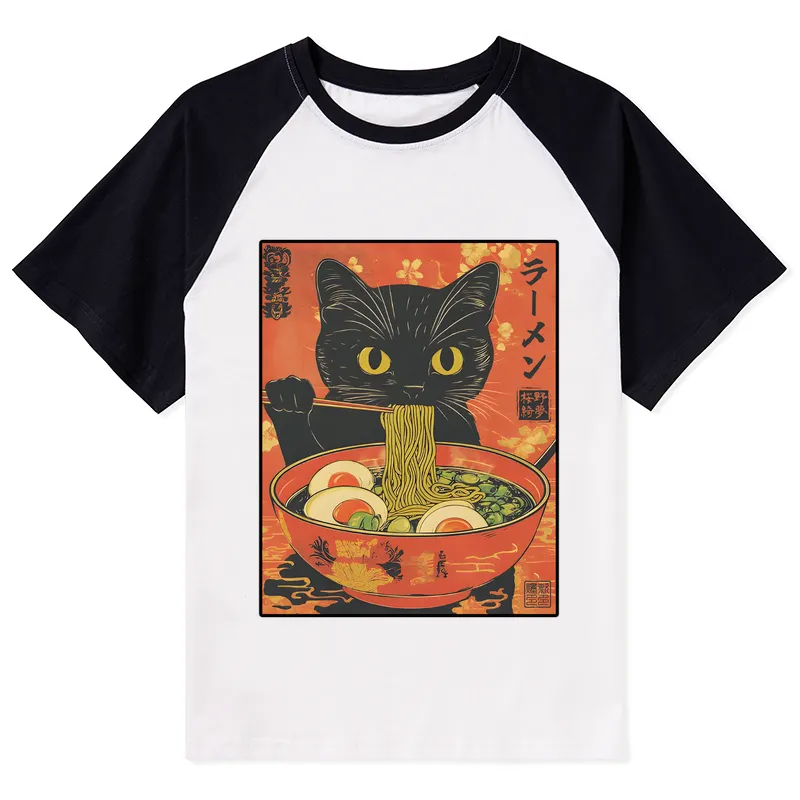 Tokyo-Tiger Hungry Black Cat Loves Ramen Raglan T-shirt