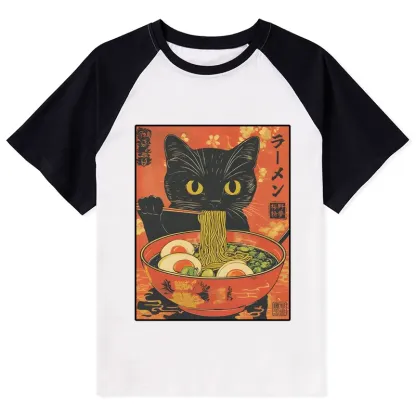 Tokyo-Tiger Hungry Black Cat Loves Ramen Raglan T-shirt