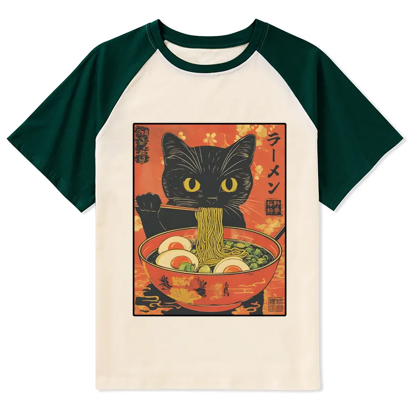 Tokyo-Tiger Hungry Black Cat Loves Ramen Raglan T-shirt