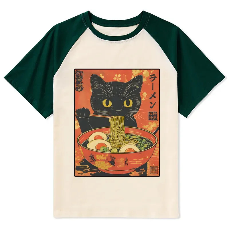 Tokyo-Tiger Hungry Black Cat Loves Ramen Raglan T-shirt