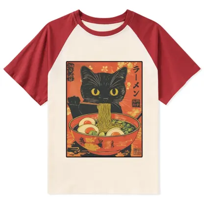 Tokyo-Tiger Hungry Black Cat Loves Ramen Raglan T-shirt