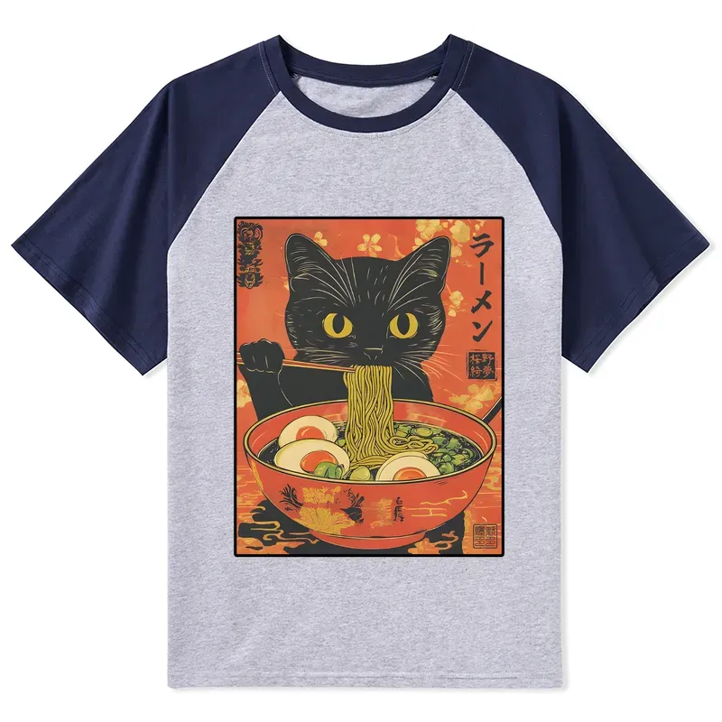 Tokyo-Tiger Hungry Black Cat Loves Ramen Raglan T-shirt