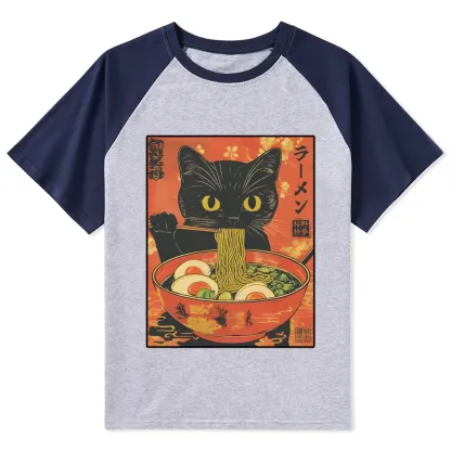 Tokyo-Tiger Hungry Black Cat Loves Ramen Raglan T-shirt