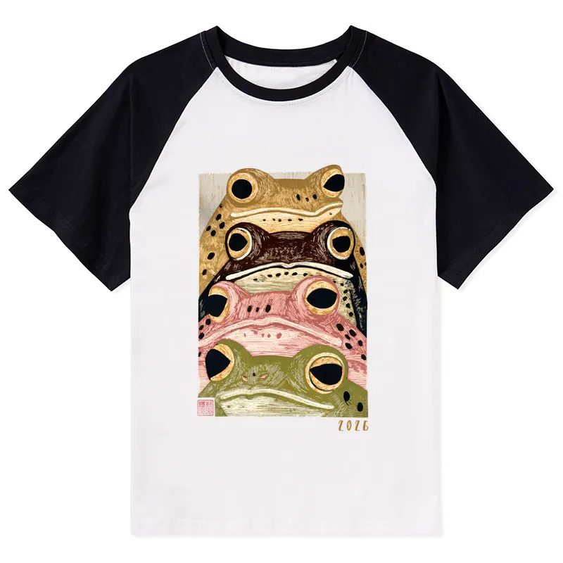 Tokyo-Tiger Whimsical Multi Colored Frog Art Raglan T-shirt