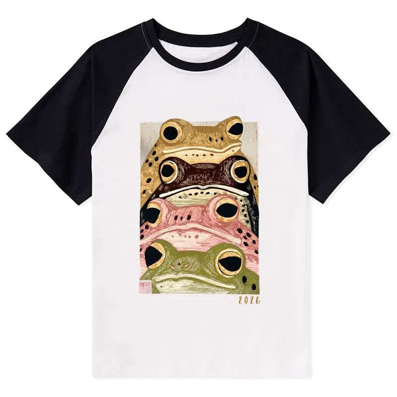 Tokyo-Tiger Whimsical Multi Colored Frog Art Raglan T-shirt Sale