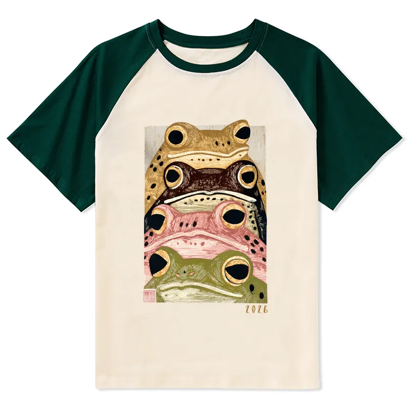 Tokyo-Tiger Whimsical Multi Colored Frog Art Raglan T-shirt