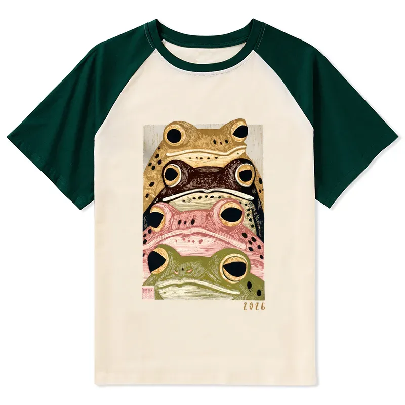 Tokyo-Tiger Whimsical Multi Colored Frog Art Raglan T-shirt