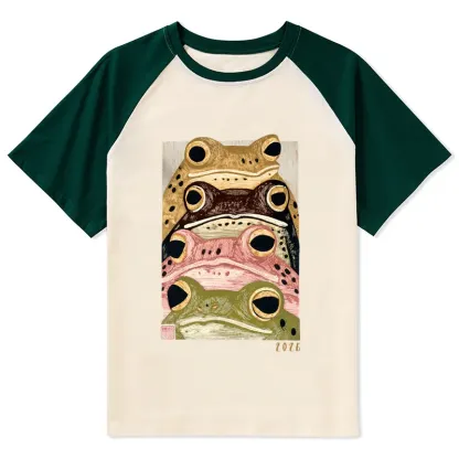Tokyo-Tiger Whimsical Multi Colored Frog Art Raglan T-shirt