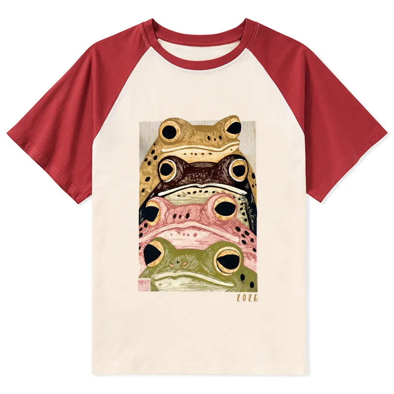 Tokyo-Tiger Whimsical Multi Colored Frog Art Raglan T-shirt