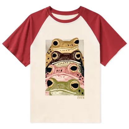 Tokyo-Tiger Whimsical Multi Colored Frog Art Raglan T-shirt