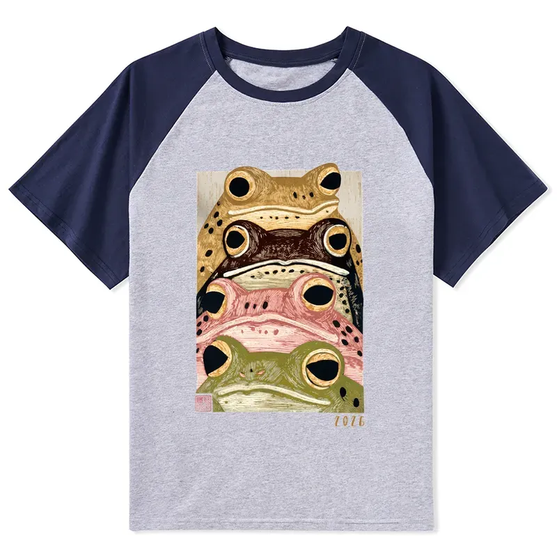 Tokyo-Tiger Whimsical Multi Colored Frog Art Raglan T-shirt