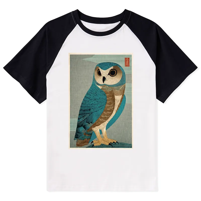 Tokyo-Tiger Vintage Owl Woodblock Art Raglan T-shirt