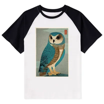 Tokyo-Tiger Vintage Owl Woodblock Art Raglan T-shirt