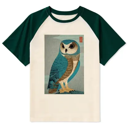 Tokyo-Tiger Vintage Owl Woodblock Art Raglan T-shirt