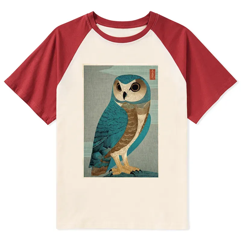 Tokyo-Tiger Vintage Owl Woodblock Art Raglan T-shirt