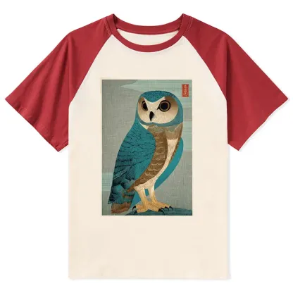 Tokyo-Tiger Vintage Owl Woodblock Art Raglan T-shirt