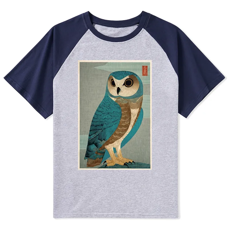 Tokyo-Tiger Vintage Owl Woodblock Art Raglan T-shirt