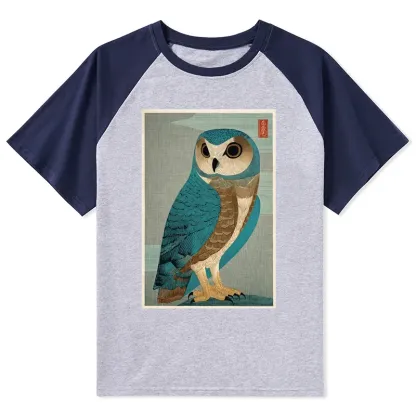 Tokyo-Tiger Vintage Owl Woodblock Art Raglan T-shirt