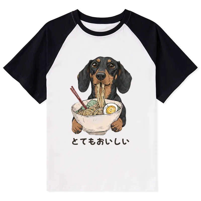 Tokyo-Tiger Cute Dog Eating Noodles Art Meme Raglan T-shirt