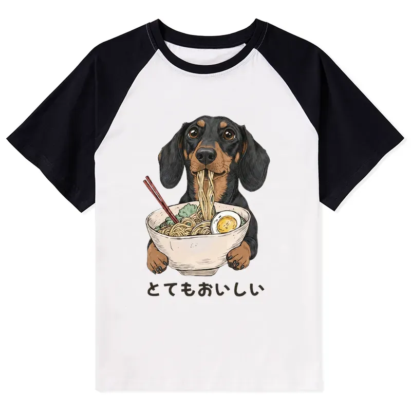 Tokyo-Tiger Cute Dog Eating Noodles Art Meme Raglan T-shirt