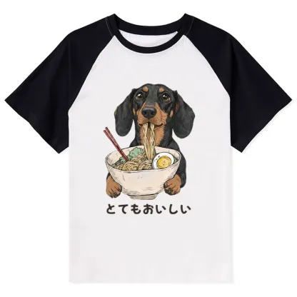 Tokyo-Tiger Cute Dog Eating Noodles Art Meme Raglan T-shirt